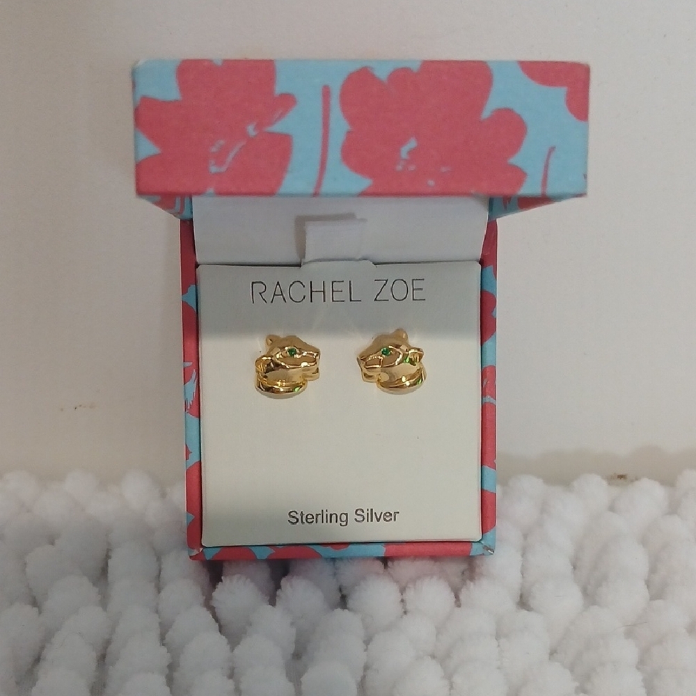 Rachel Zoe Panther Animal Goldtone Sterling Silver Green Eyes Stud Earrings